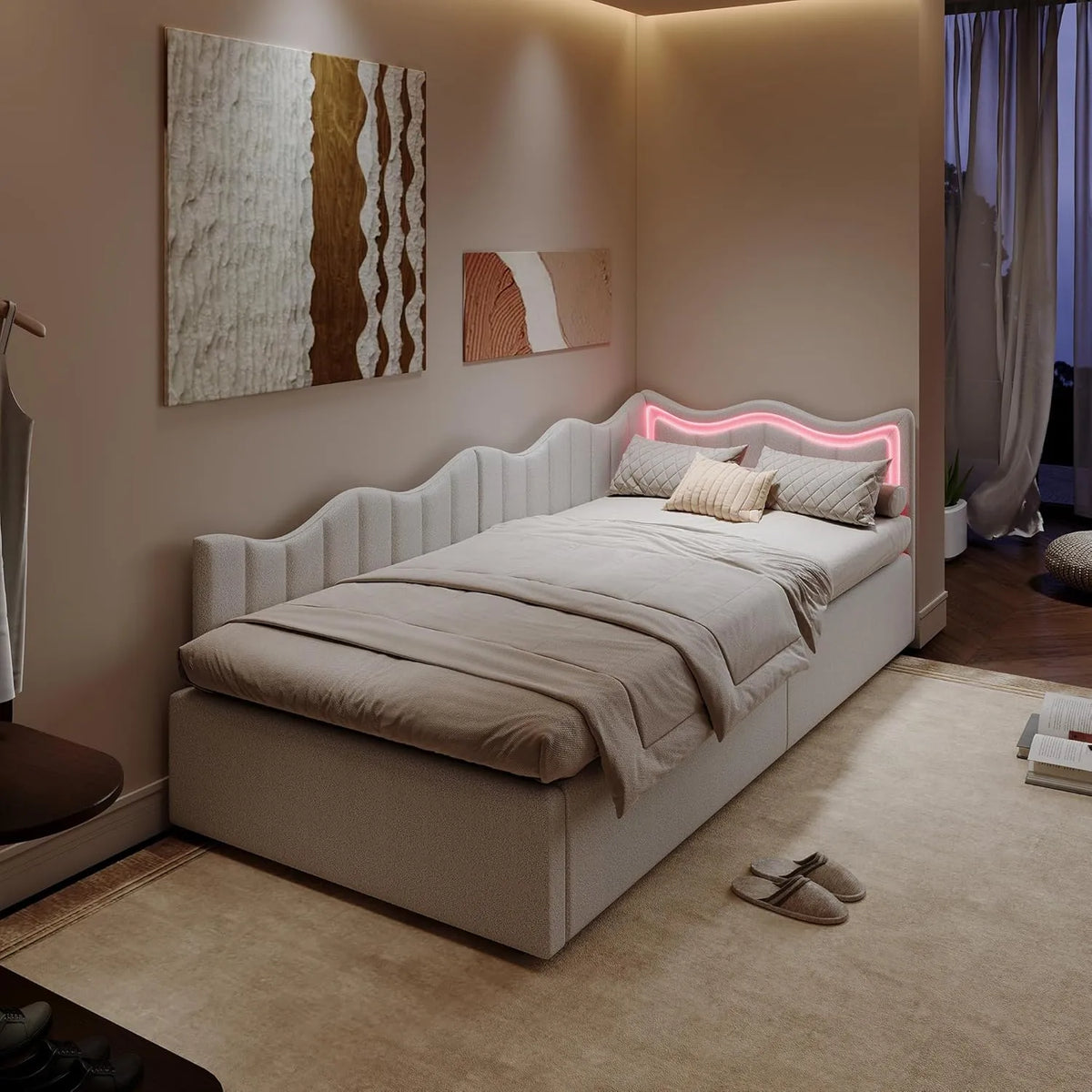 Lit Enfant 90x200 avec LEDs et Rangement, Lit Simple Rembourré pour Fille, Design Multifonctionnel Princesse (Blanc)