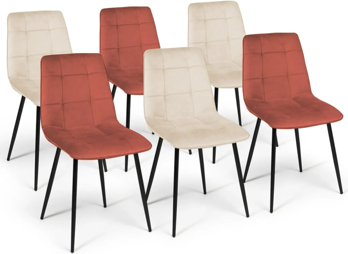 Ensemble de 6 Chaises Mila en Velours, Couleurs Terracotta et Beige