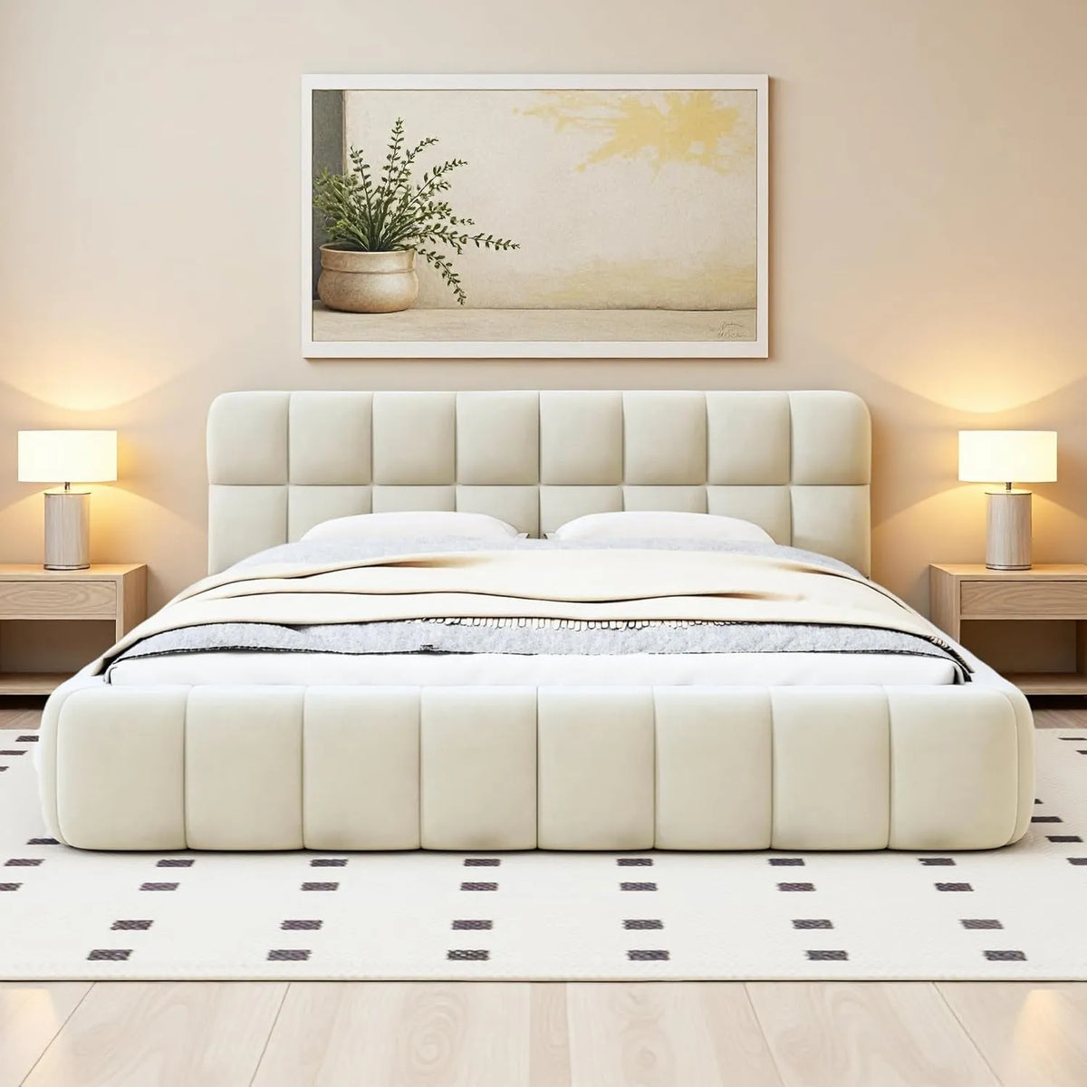 Lit Double 140x190 cm en Lin Beige avec Sommier à Lattes et Tête de Lit Capitonnée