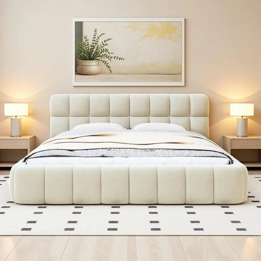Lit Double 140x190 cm en Lin Beige avec Sommier à Lattes et Tête de Lit Capitonnée