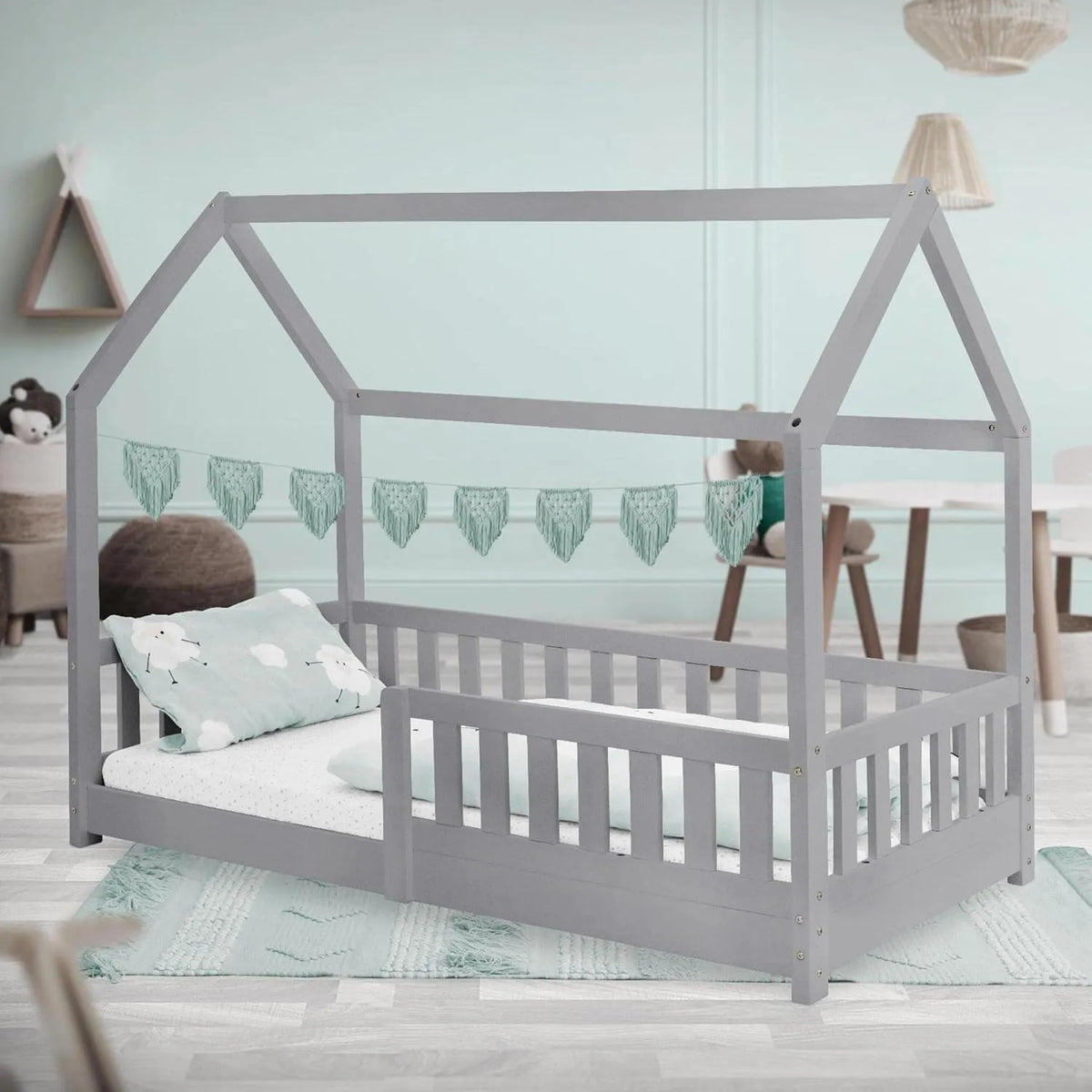 Lit Enfant Cabane Bois Massif 80x160 cm avec Barrière de Sécurité et Sommier