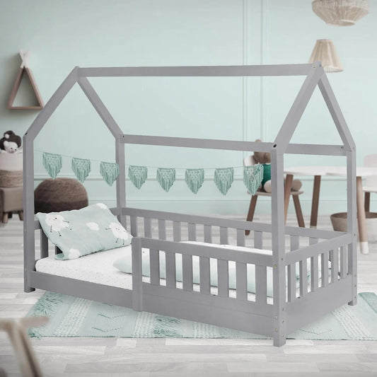 Lit Enfant Cabane Bois Massif 80x160 cm avec Barrière de Sécurité et Sommier