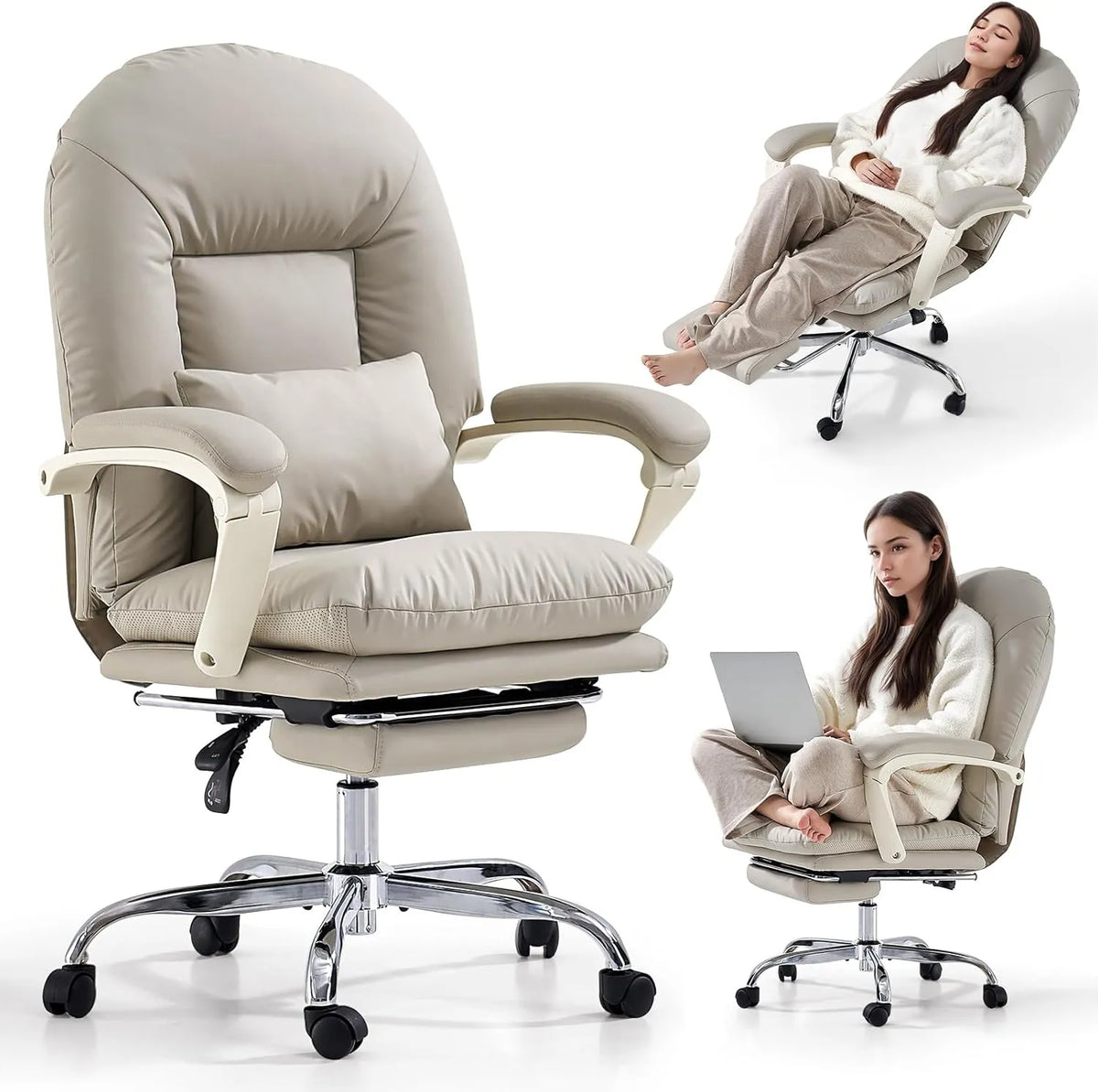 Chaise de Bureau Ergonomique en Cuir PU Beige avec Repose-Pieds