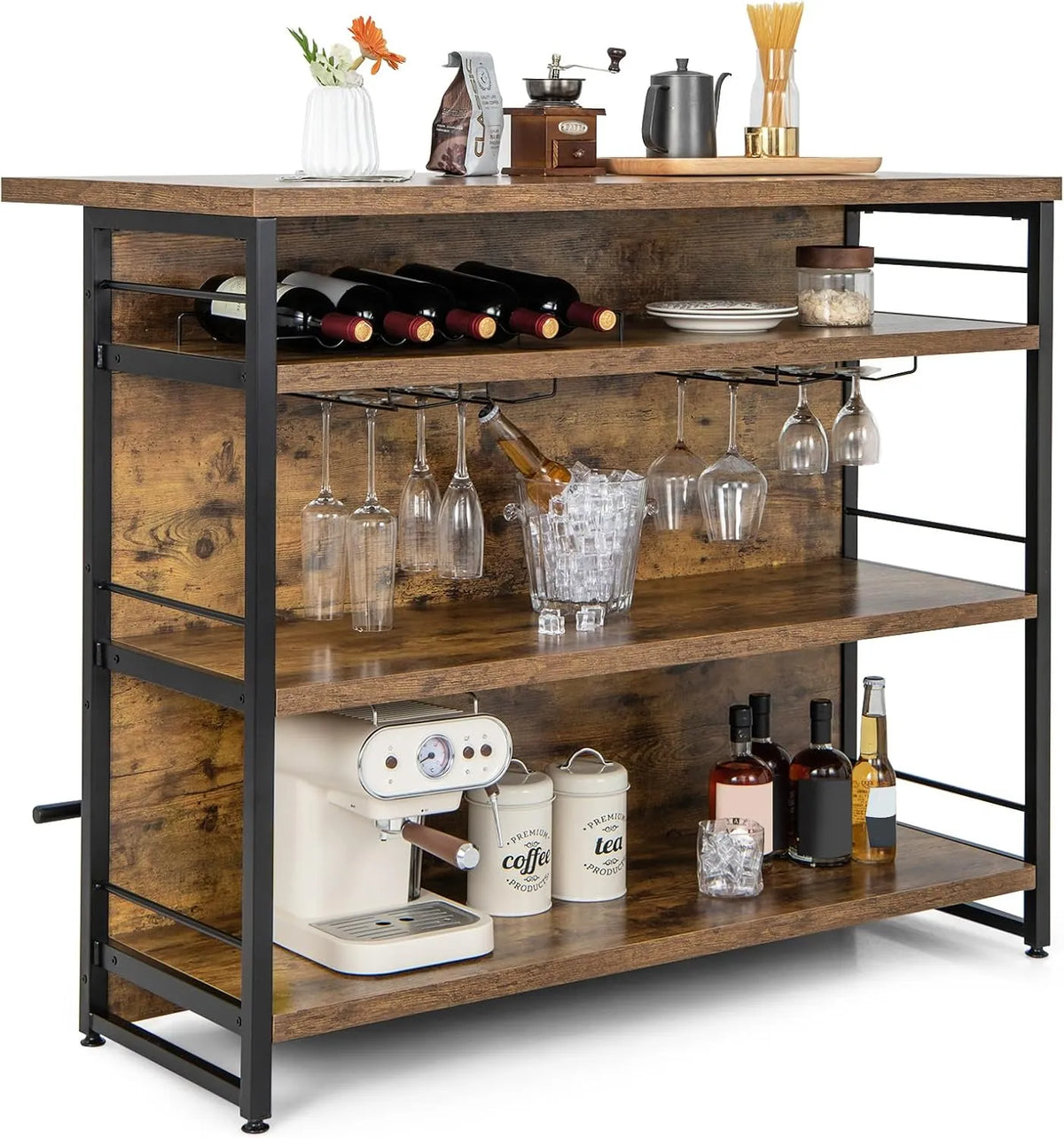 COSTWAY Ilot de Cuisine Industriel à 4 Niveaux, avec Casier à Vin et Porte-Verres, Étagères Ouvertes, Repose-Pieds, Marron Rustique