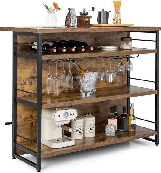 COSTWAY Ilot de Cuisine Industriel à 4 Niveaux, avec Casier à Vin et Porte-Verres, Étagères Ouvertes, Repose-Pieds, Marron Rustique