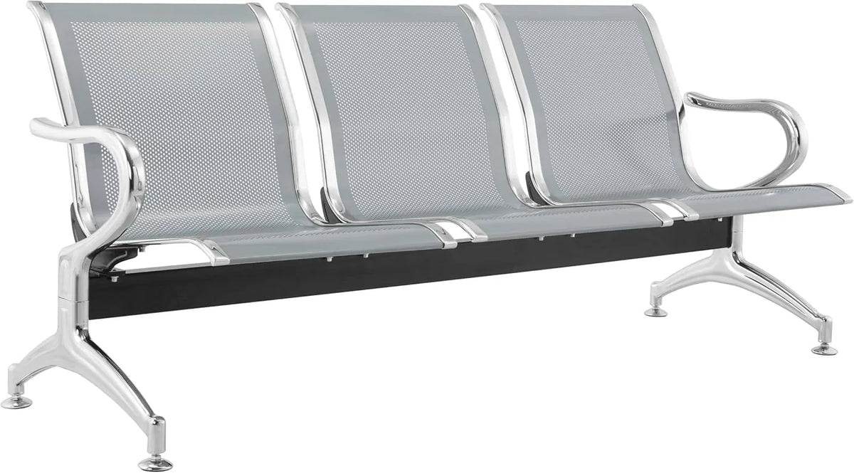 Banc en Acier 3 Places avec Accoudoirs pour Salle d'Attente, 183x71x78H, Argenté