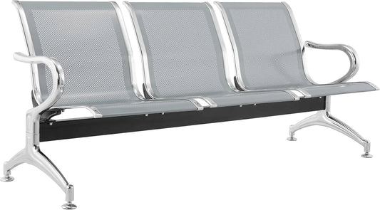 Banc en Acier 3 Places avec Accoudoirs pour Salle d'Attente, 183x71x78H, Argenté