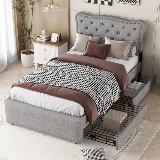 Lit plateforme 90x200 cm avec table de chevet, 2 tiroirs, hauteur ajustable, décorations rivetées, housse en tissu gris, montage non requis