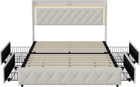 Lit Double 140x200 cm avec Rangement et LED, Velours Beige, Design Moderne