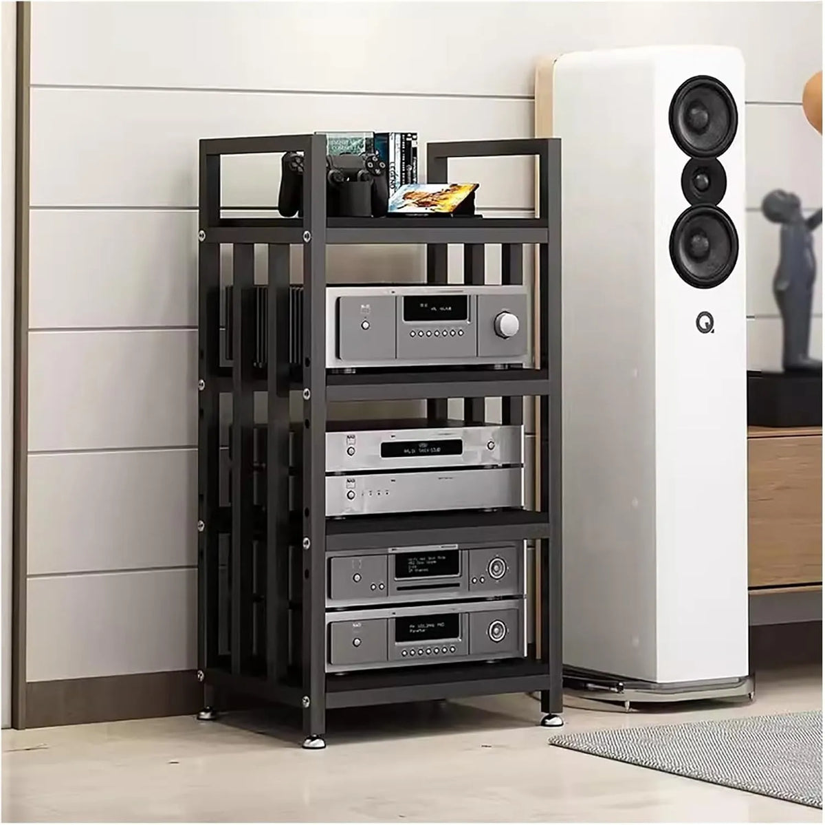 Étagère en Bois Moderne pour Composants Audio Vidéo, 4 Niveaux, Meuble Multimédia avec Support pour Lecteur DVD/CD et Amplificateur