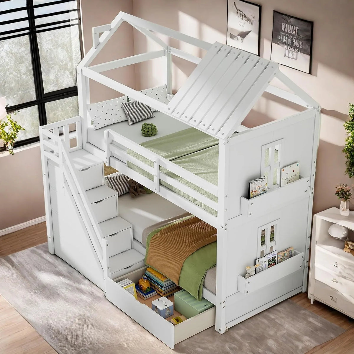 Lit Cabane Superposé Enfant avec Rangement et Échelles - 90x200 cm - Multifonctionnel en Pin et MDF - Blanc