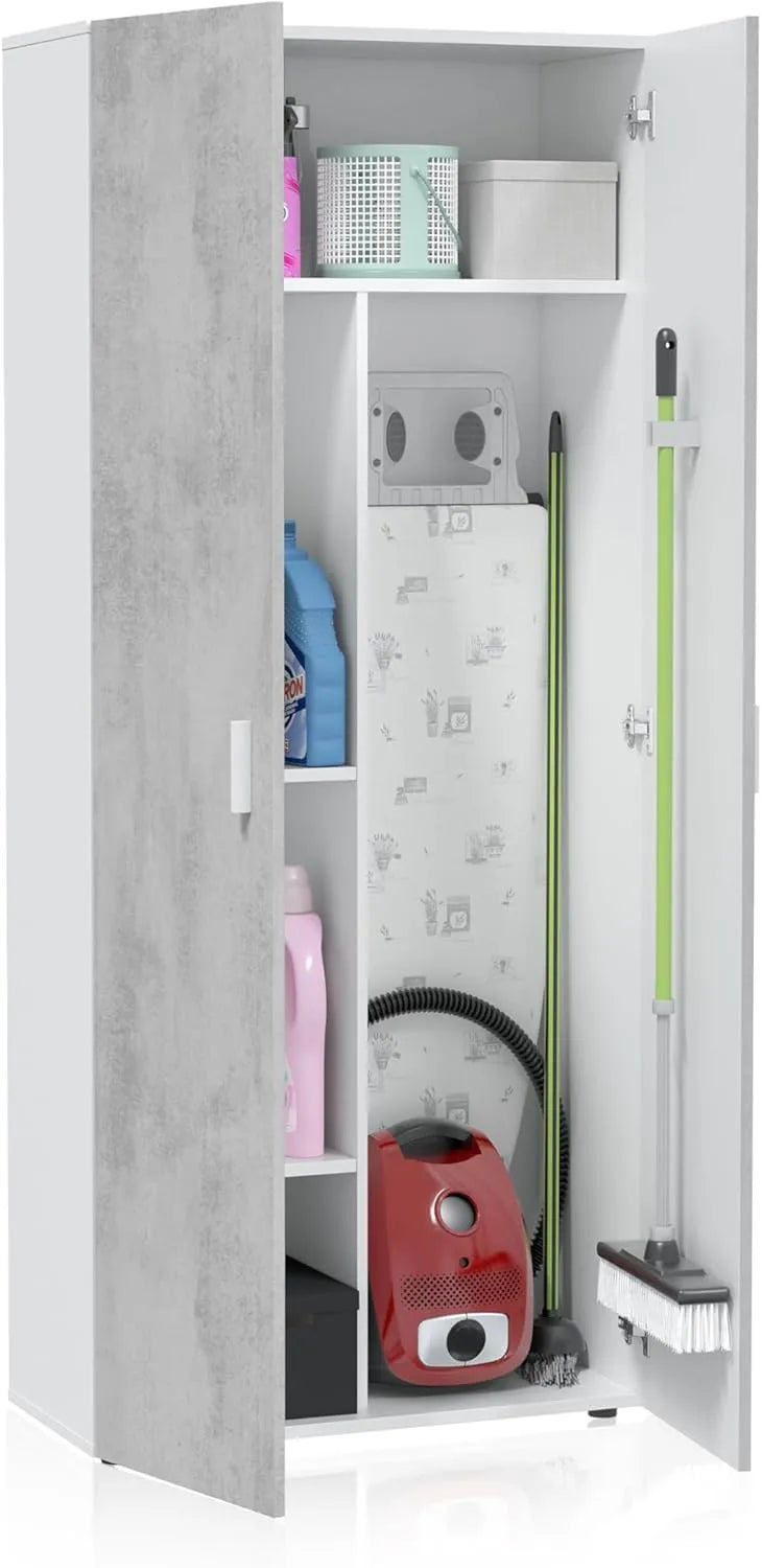 Armoire Polyvalente 2 Portes avec Étagères, 182x80x37 cm, Blanc et Gris Ciment