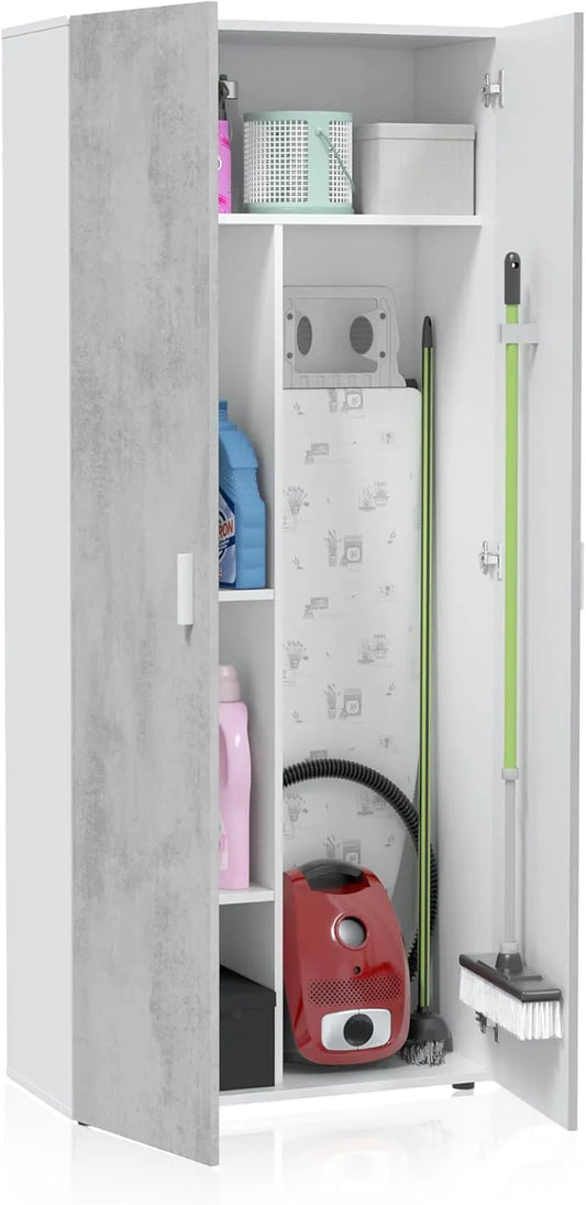 Armoire Polyvalente 2 Portes avec Étagères, 182x80x37 cm, Blanc et Gris Ciment