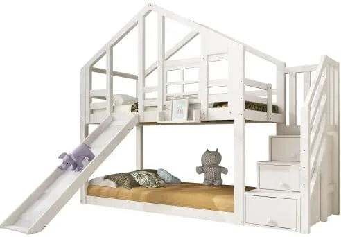 Lit mezzanine enfant en bois avec toboggan et rangement, sommier inclus, sécurité antichute