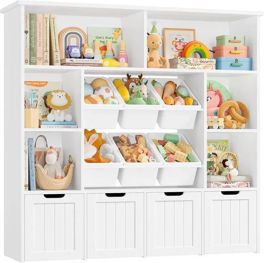Bibliothèque Enfant avec Étagères et Boîtes de Rangement Amovibles, 4 Tiroirs Roulants, Meuble de Rangement pour Chambre ou Salle de Jeu, Blanc 125x33x121cm