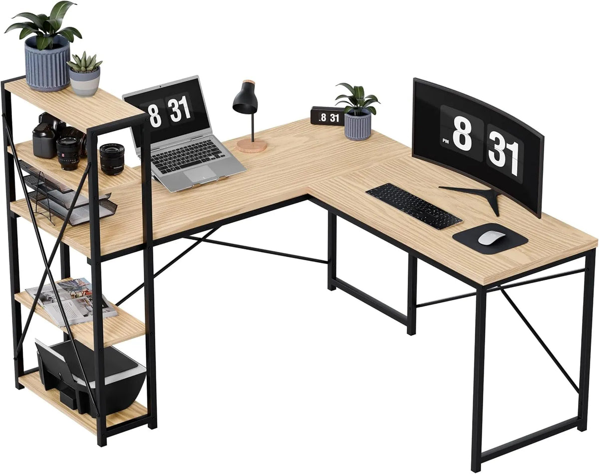 Bureau d'angle chêne avec étagères réversibles, structure acier résistante