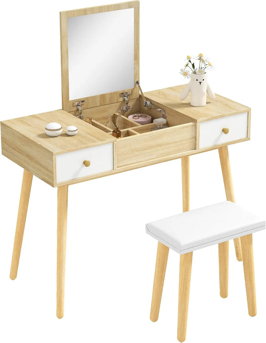 Table de Maquillage Moderne avec Miroir Rabattable et Tabouret, 2 Tiroirs, 100 x 45 x 118 cm, Bois Naturel