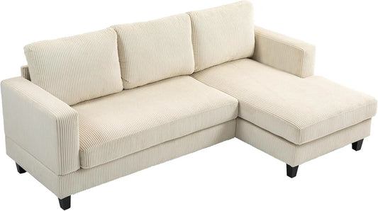 Canapé d'Angle 3 Places en Velours Côtelé avec Méridienne, Design Moderne, Beige, 214 cm, Capacité 400 kg