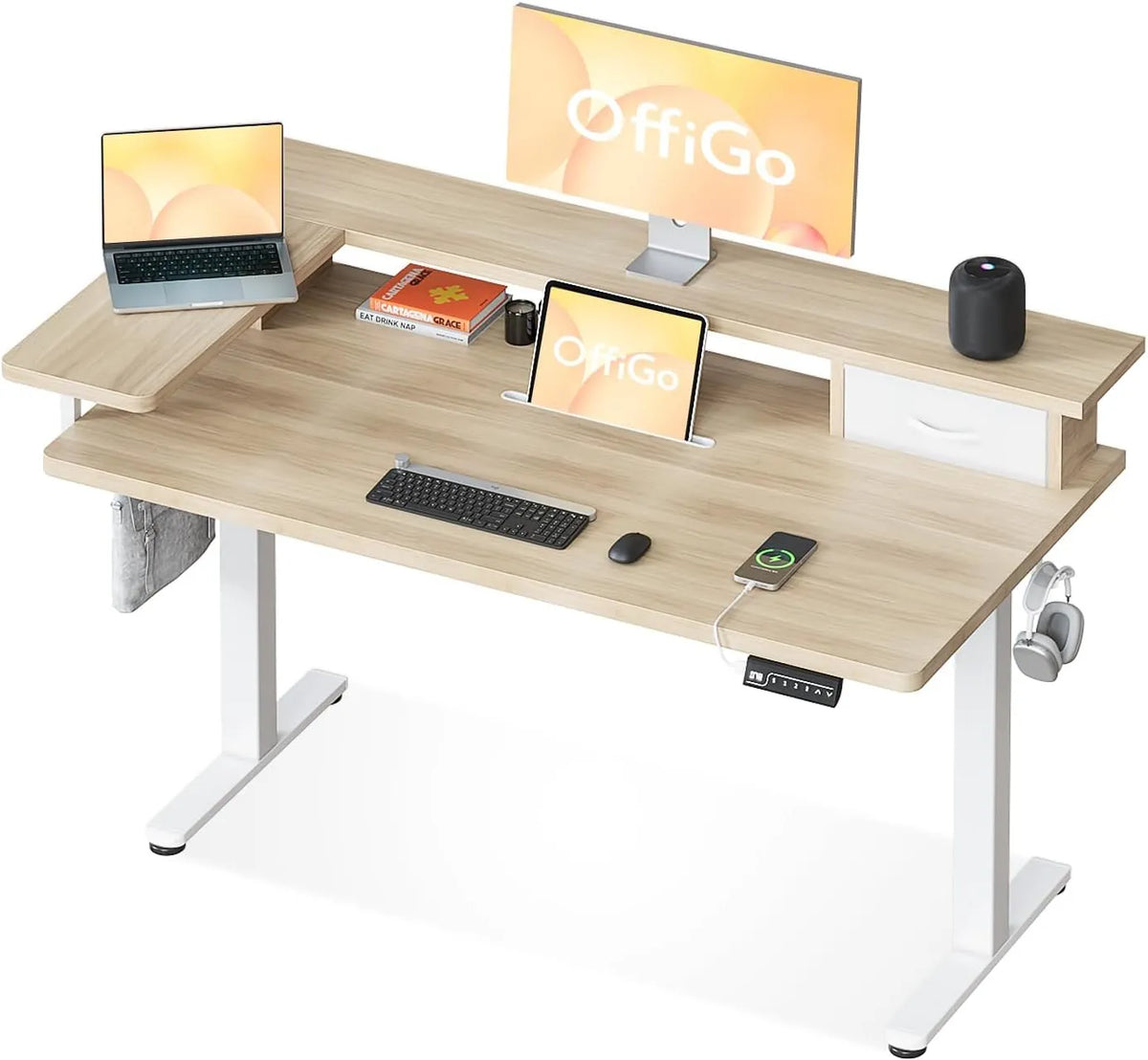 Bureau Électrique OffiGo Réglable 120x60 cm avec Tiroir et Support Écran, Table Ergonomique avec Prise USB, Beige