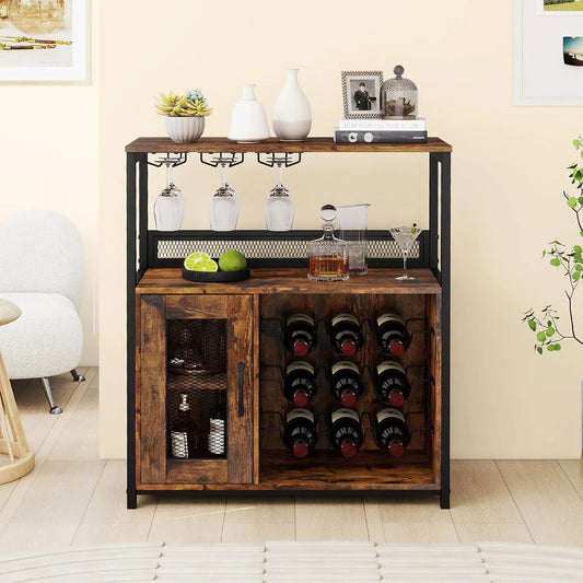 Cave à Vin GIANTEX avec Porte-Verres et Rangement pour Bouteilles, Meuble Industriel Antibasculement, Idéal pour Salon, Cuisine et Bar, Finition Bois Rustique
