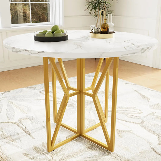 Table Ronde en Marbre Blanc 80x80cm, Design Industriel pour 2-4 Personnes, Pieds Métalliques Dorés Ajustables