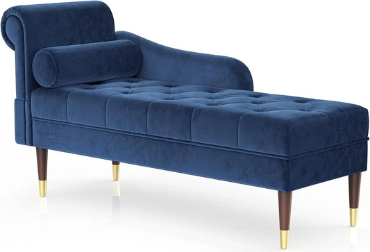 Chaise Longue en Velours Bleu avec Accoudoirs et Coussin, Idéale pour Salon et Petit Espace