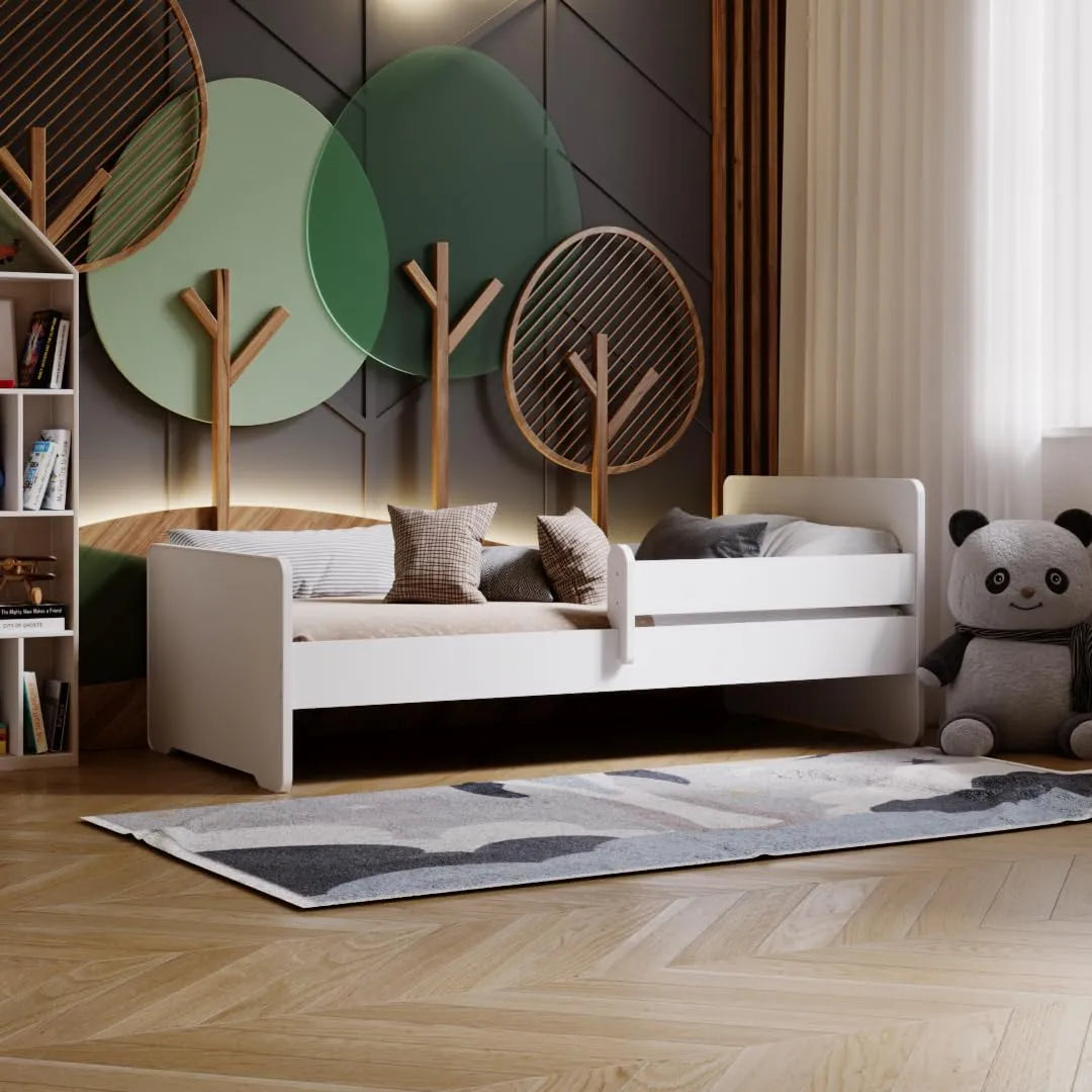 Lit Enfant KOBI Blanc avec Barrière de Sécurité et Matelas, 160x80 cm, Mixte