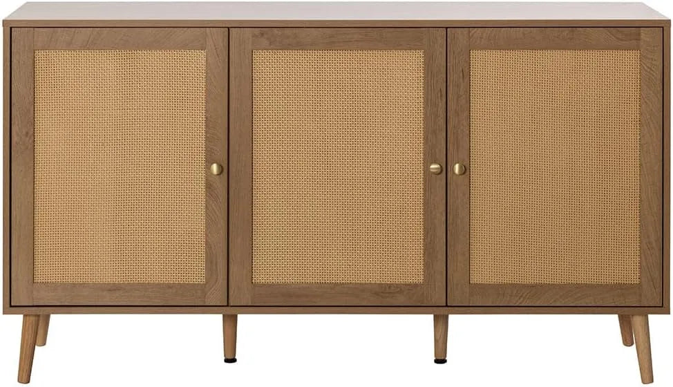 Buffet Bas 3 Portes en Bois et Cannage - 140 cm - Style Moderne