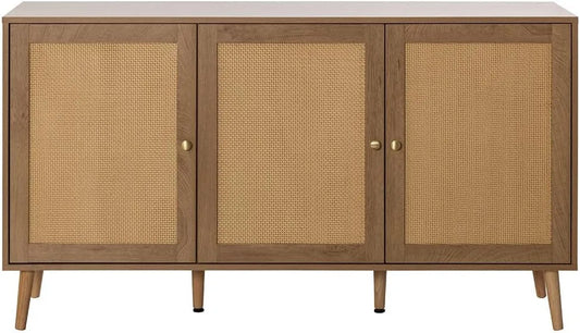 Buffet Bas 3 Portes en Bois et Cannage - 140 cm - Style Moderne