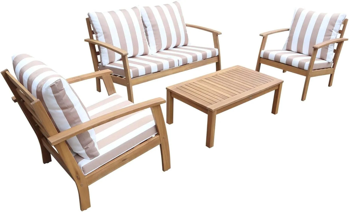 Ensemble de Jardin en Bois pour 4 Personnes - Coussins Beiges, Canapé, Fauteuils et Table Basse en Acacia