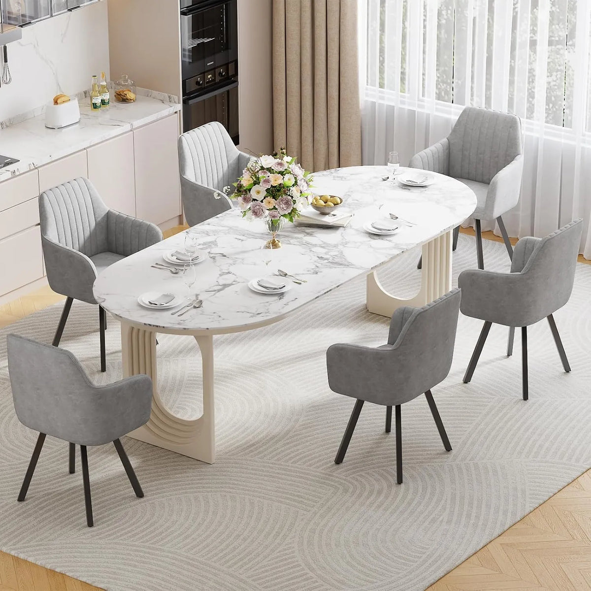 Ensemble de 6 Chaises Pivotantes en Velours avec Accoudoirs pour Salle à Manger, 360° Rotation, Gris Clair