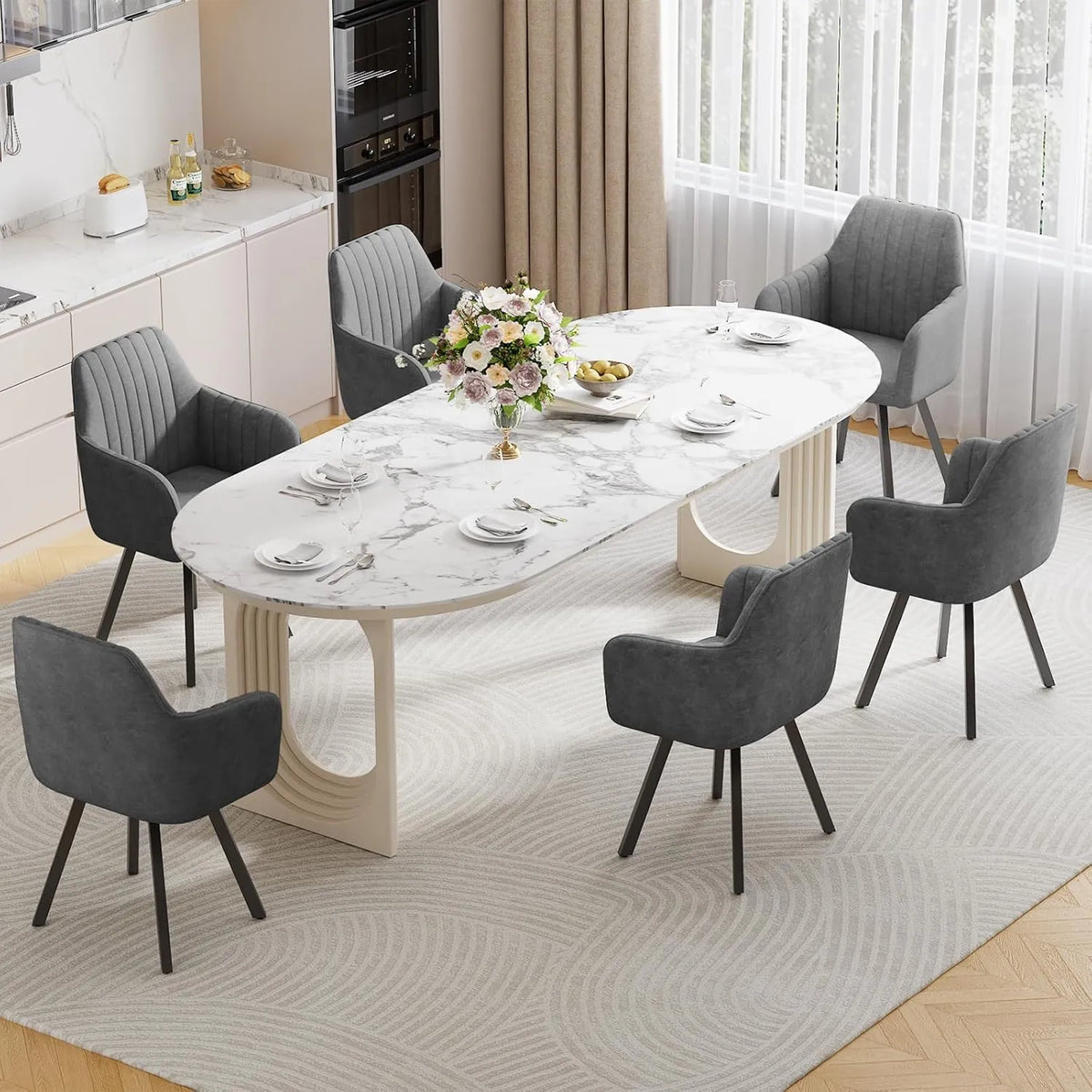 Ensemble de 6 Chaises Pivotantes en Velours avec Accoudoirs pour Salle à Manger et Salon, 360° Rotatives, Gris Foncé