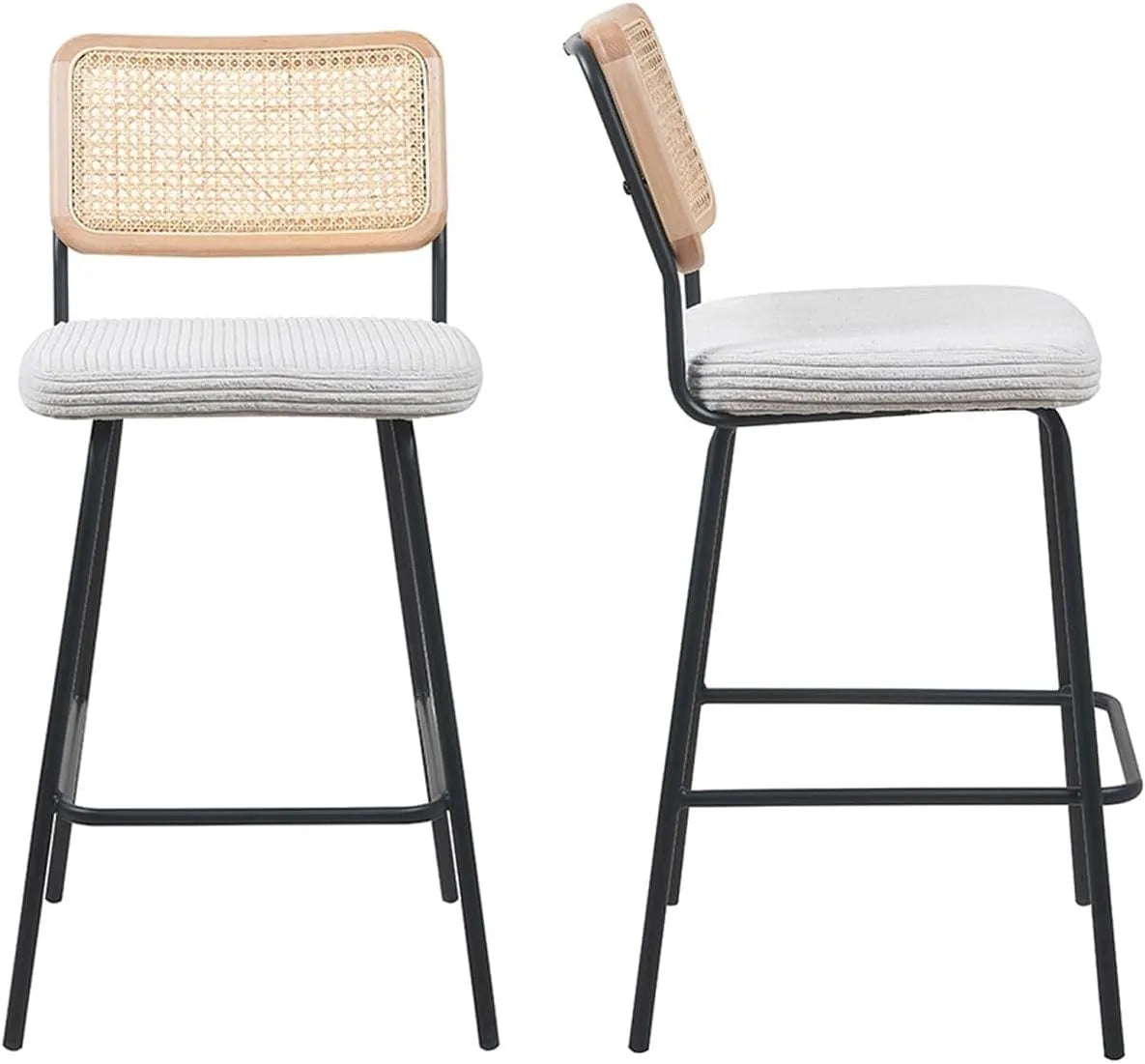 Lot de 2 Tabourets de Bar en Velours Côtelé Beige avec Cannage, Pieds Noirs - Modèle Muse