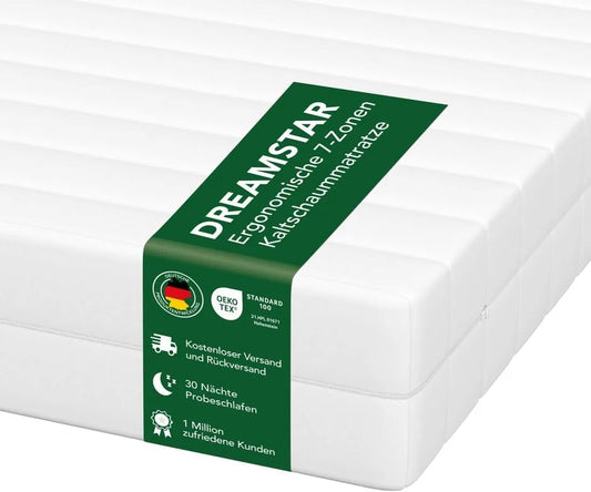 Matelas Ergonomique DREAMSTAR, Mousse Froide 7 Zones, Certifié Öko-Tex, Fermeté H2/H3, Orthopédique, 21 cm, 90x190 cm