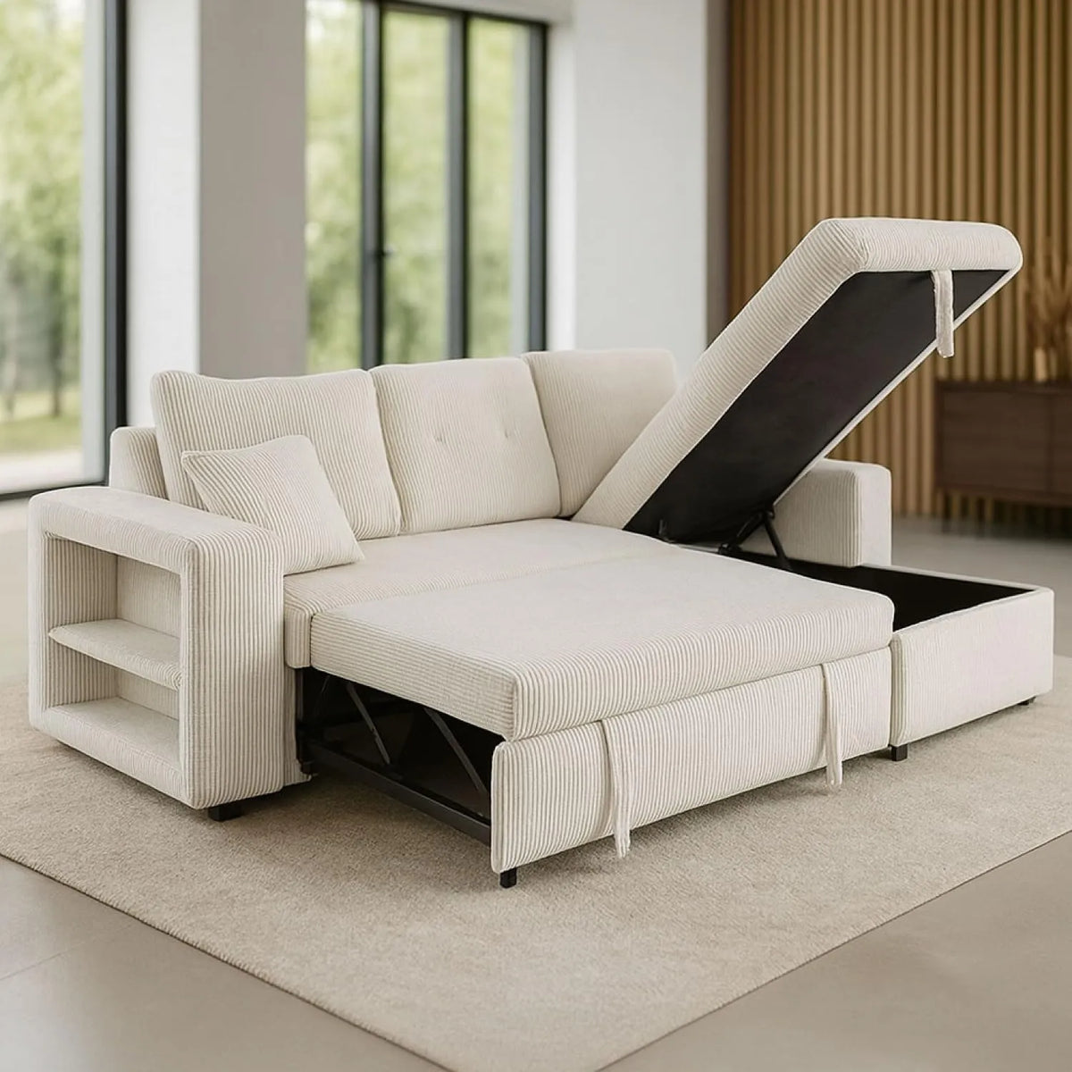 Canapé d'Angle Réversible 4 Places en Velours Beige avec Coffre et Étagères - Design Moderne