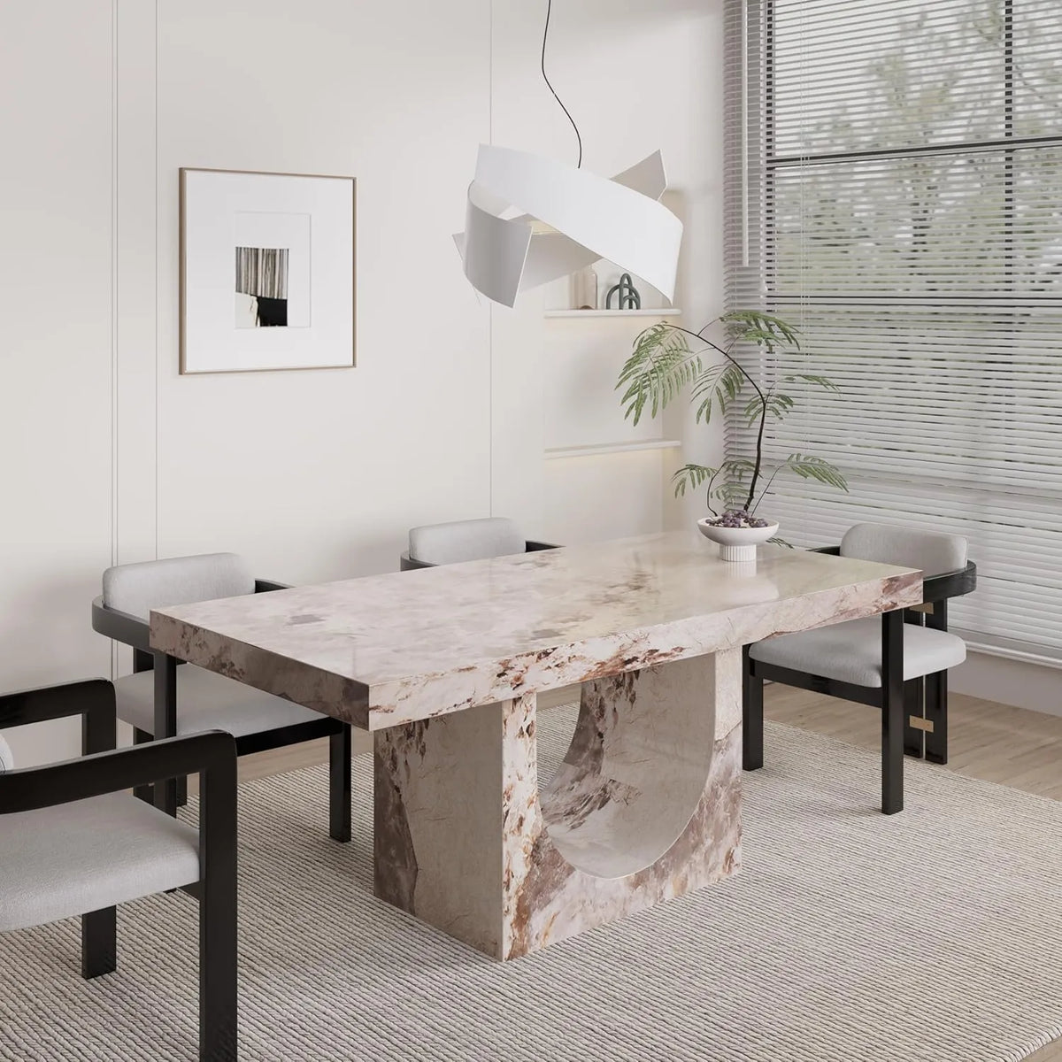 Table de Salle à Manger en Marbre de Synthèse Beige et Marron - Mobilier Déco Dona