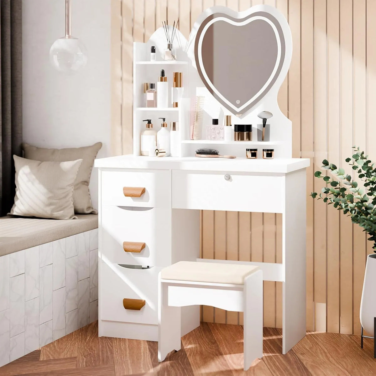 Table de Maquillage avec Miroir LED et Tabouret, 4 Tiroirs, Luminosité Réglable, Blanc, pour Maison ou Bureau, 80 x 40 x 135 cm