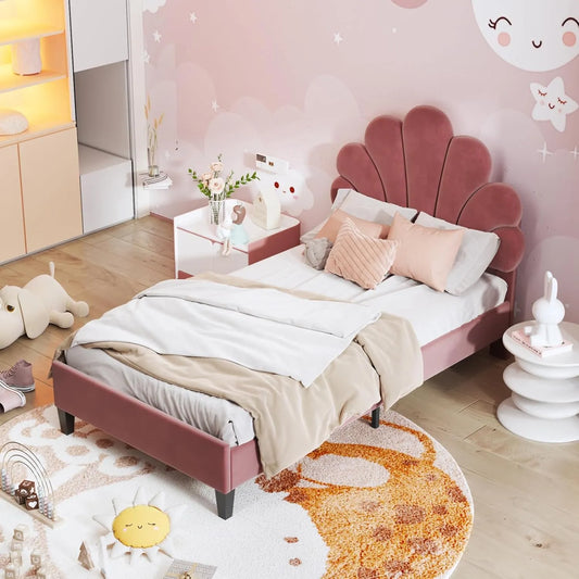 Lit Enfant 90x200 en Velours avec Tête de Lit Fleur et Sommier à Lattes, Convient pour Fille Adolescente
