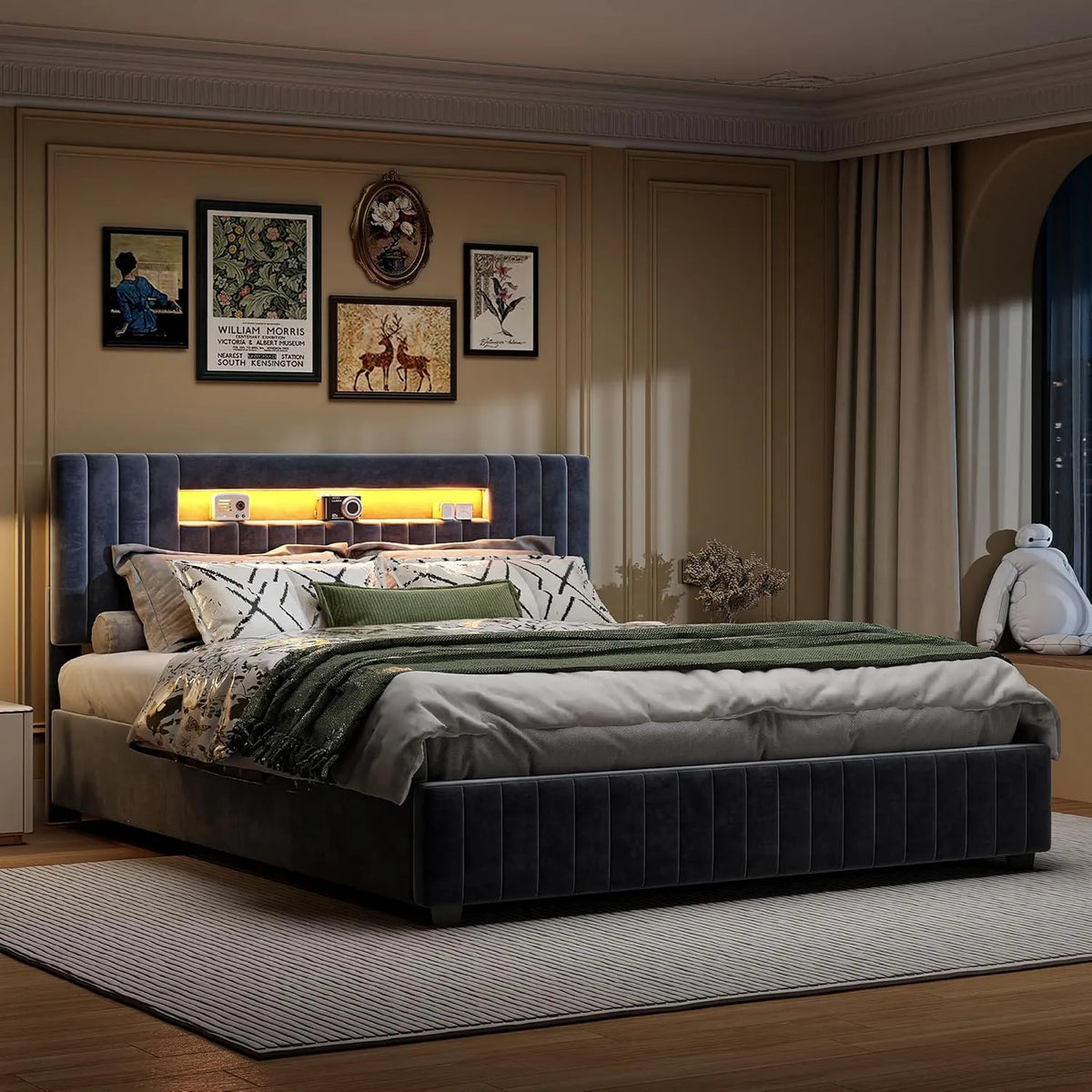 Lit Double en Velours Gris 160x200 cm avec Rangement Intégré et LED