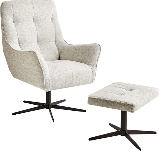 Fauteuil Pivotant Beige avec Pouf et Pieds en Métal pour Salon - Molle II