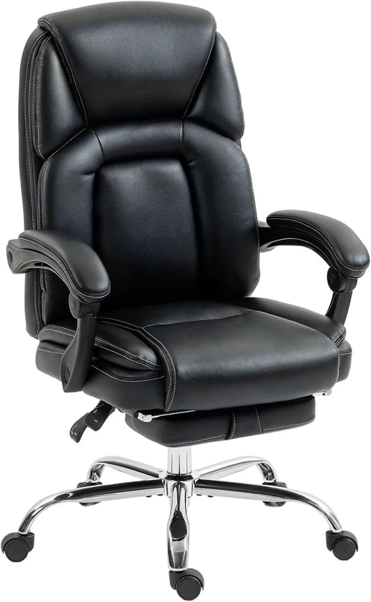 Chaise de Bureau Inclinable HOMCOM en Cuir PU avec Repose-Pieds et Accoudoirs Rembourrés, Hauteur Réglable, Noir