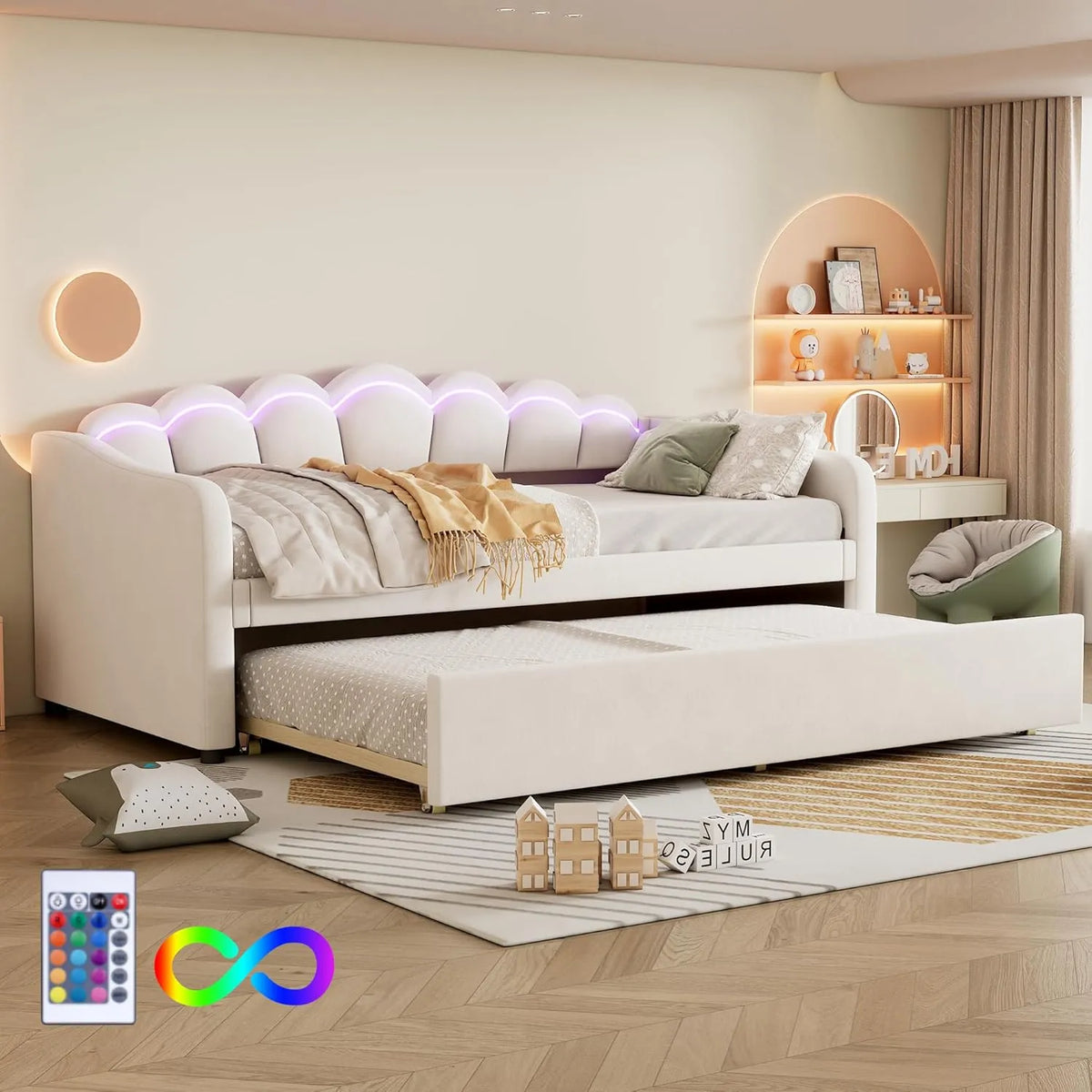 Canapé-lit une place 90x200 cm avec méridienne et lit gigogne velours - Éclairage LED multicolore - Beige (matelas non inclus)