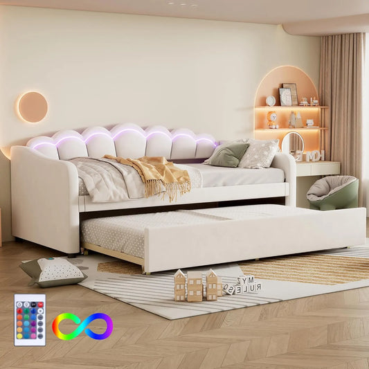 Canapé-lit une place 90x200 cm avec méridienne et lit gigogne velours - Éclairage LED multicolore - Beige (matelas non inclus)