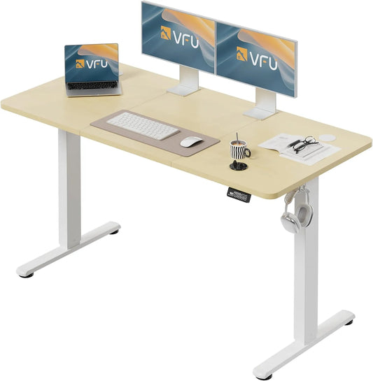 Table de Travail Électrique Réglable 140x60 cm, Fonction Mémoire et Sécurité Anti-Collision, Beige