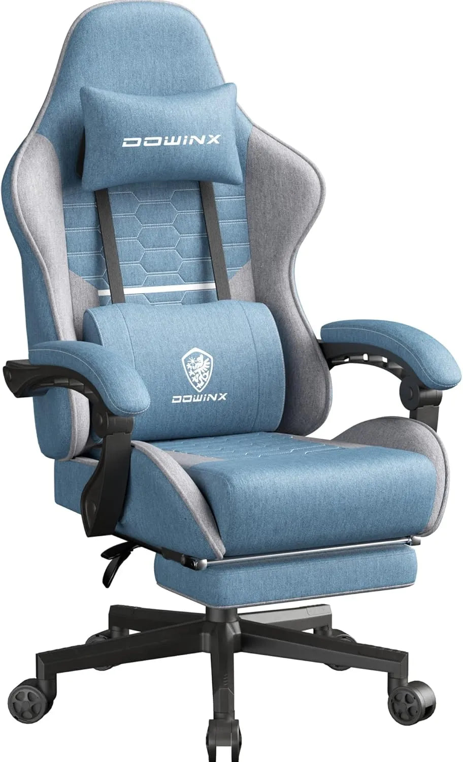 Chaise de Jeu Dowinx Ergonomique en Tissu avec Repose-pied et Coussin Réglable - Bleu