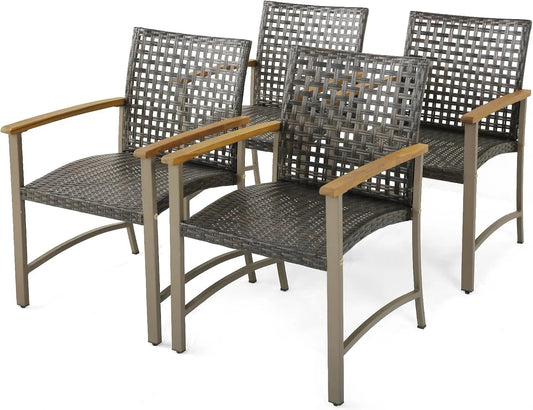 Ensemble de 4 Fauteuils de Jardin en Rotin avec Accoudoirs en Bois d'Acacia, Structure Métallique, 180 KG Charge, 64 x 65 x 88 CM