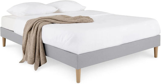 Base de Lit 160x200 cm en Bois avec Tissu Gris et Pieds, Sommier à Lattes Amovible