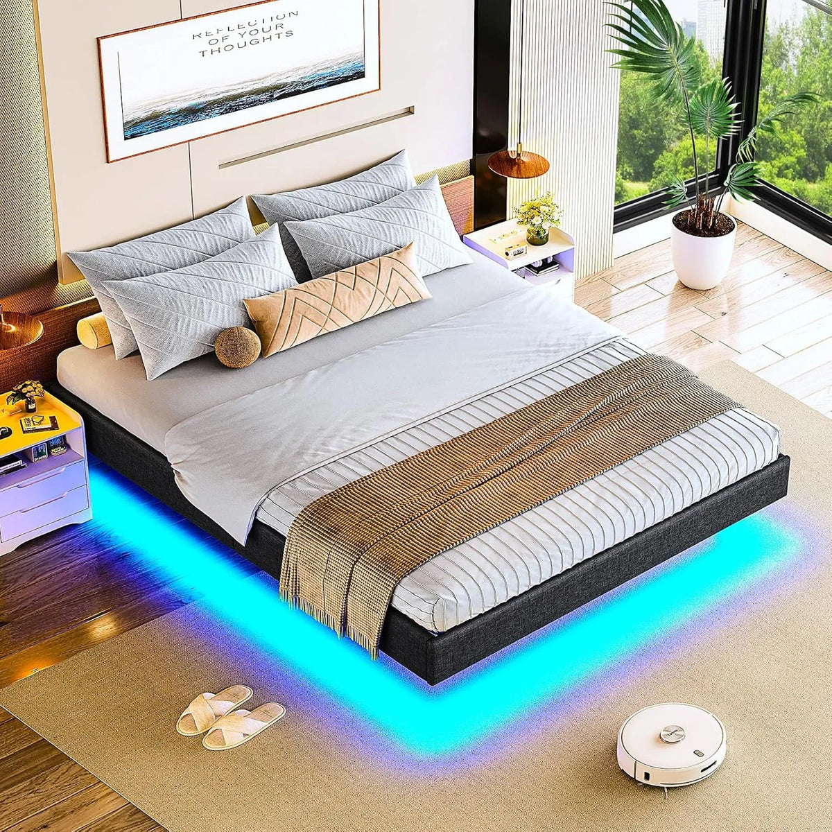 Cadre de Lit Double 140x190 cm avec Éclairage LED, Sommier à Lattes en Bois, Structure Métallique Moderne, Gris
