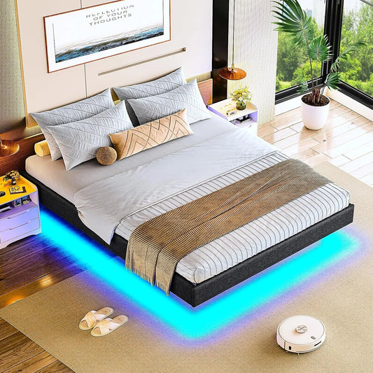 Cadre de Lit Double 140x190 cm avec Éclairage LED, Sommier à Lattes en Bois, Structure Métallique Moderne, Gris