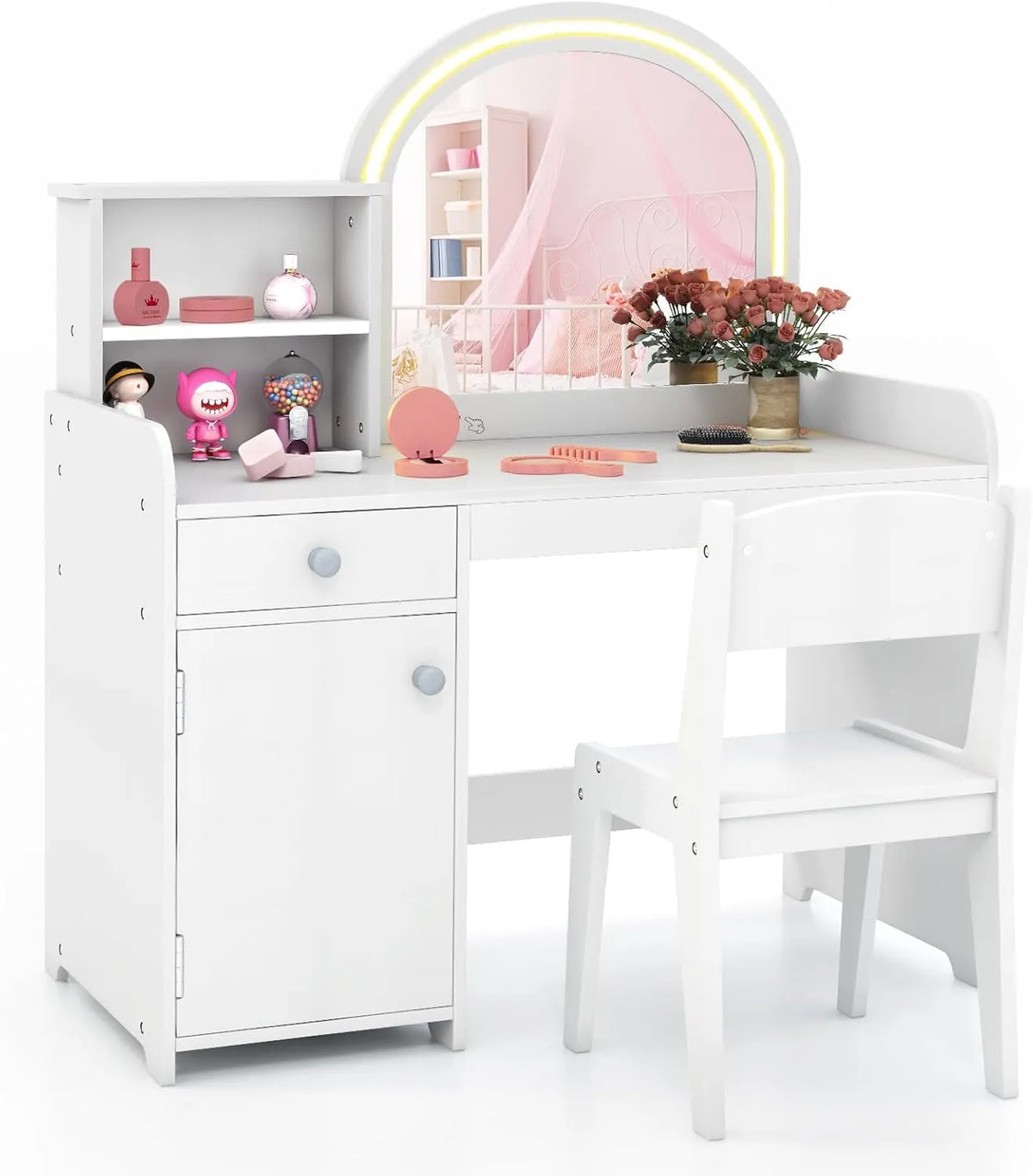 Ensemble Coiffeuse et Bureau Enfant avec Chaise, Miroir et Étagères, Sécurité Antibasculement, Charge Max 50kg, 3 Ans et Plus